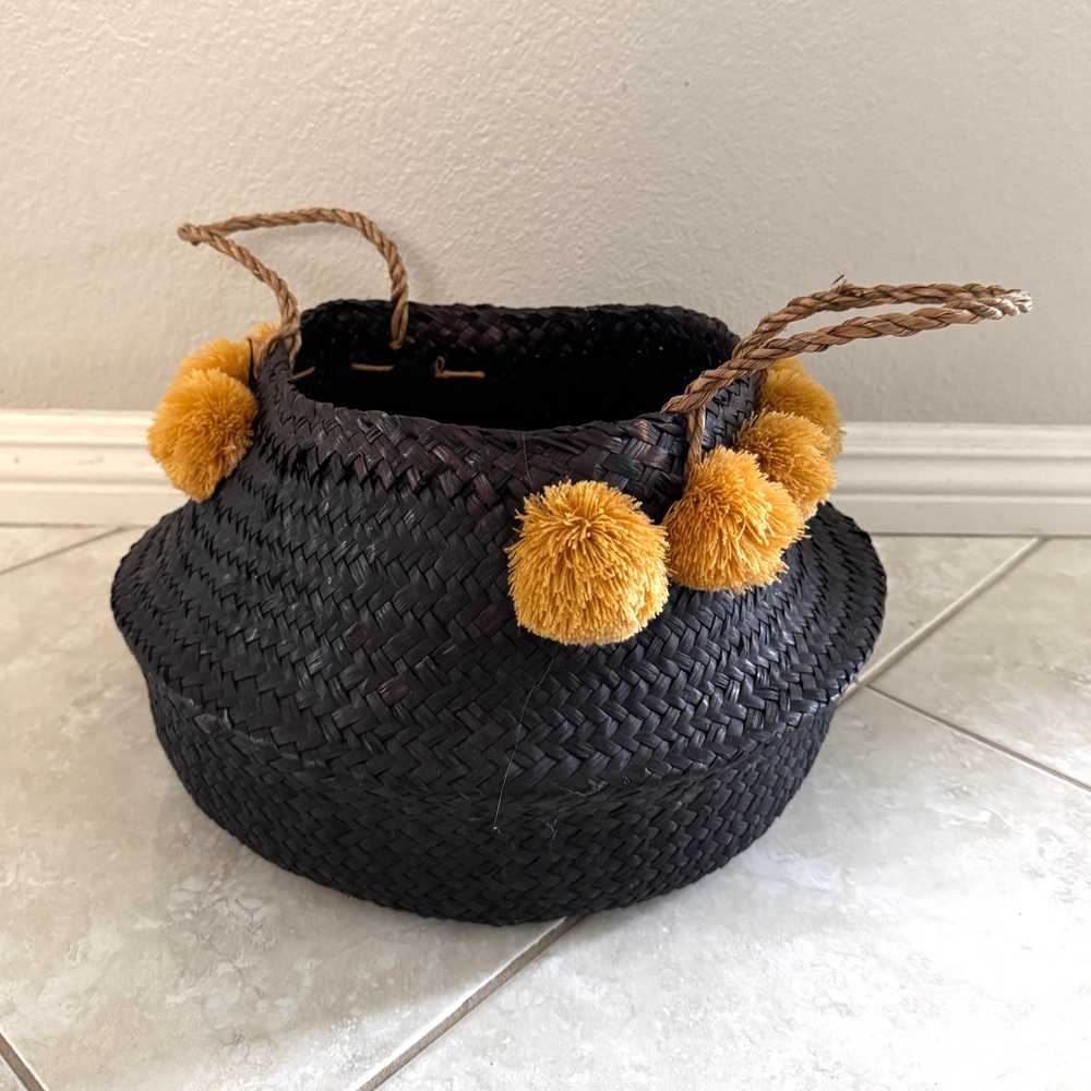 Boho Woven Basket, Black with Mustard yellow/ Orange pom poms